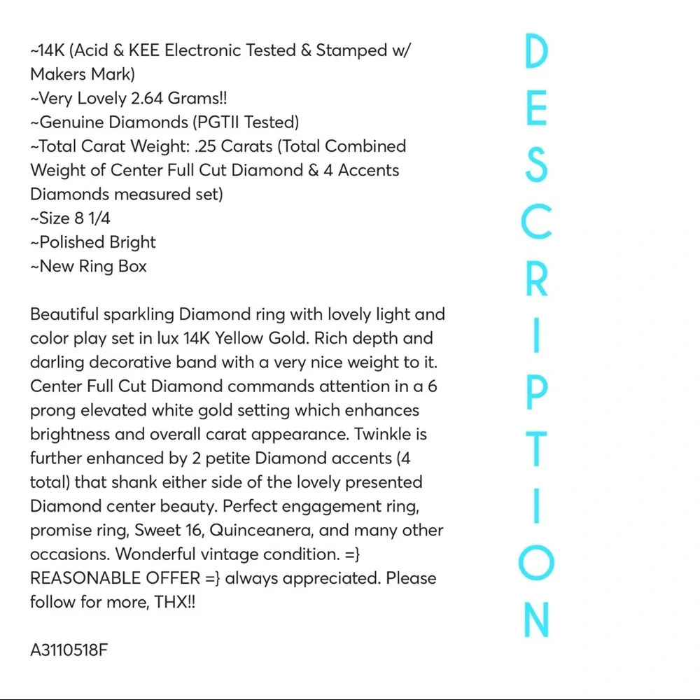 14KT SOLID YELLOW GOLD .25 CARAT TOTAL WEIGHT 6 PRONG SET DIAMOND ACCENT BEAUTY - Picture 12 of 12